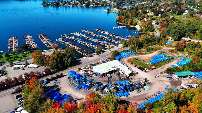 Aerial view of marina docks and boats stored ashore in Brookfield on Candlewood Lake.