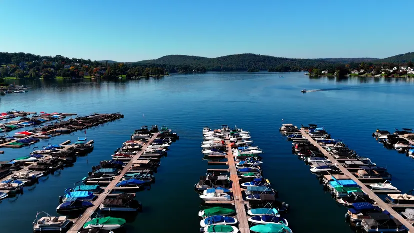 Boats at marina docks in Brookfield on Candlewood Lake.